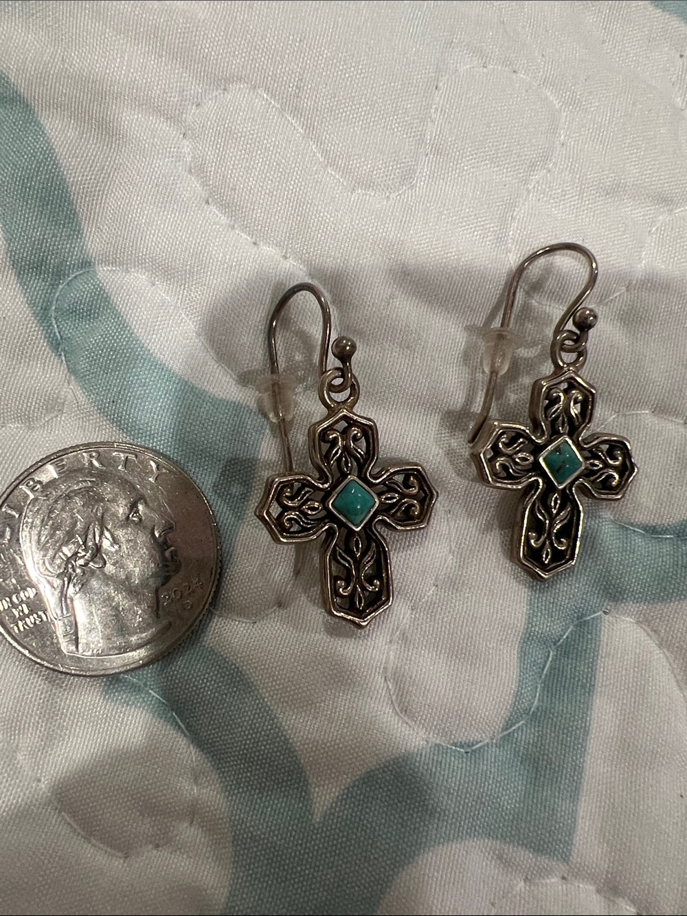 Silver Cross Drop Earrings with Turquoise Accent